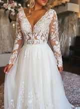 Chic A-line V-Neck Long Sleeves Tulle Wedding Dresses Appliques Lace-Dbrbridal