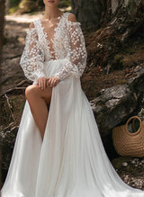 Chic A-line V-Neck Long Sleeves Tulle Wedding Dresses Split Front-Dbrbridal