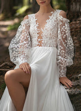 Chic A-line V-Neck Long Sleeves Tulle Wedding Dresses Split Front-Dbrbridal