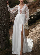 Chic A-line V-Neck Long Sleeves Tulle Wedding Dresses Split Front-Dbrbridal