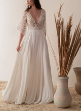 Chic A-line V-neck Sheer Lace Sleeves Tulle Wedding Dresses Appliques Lace-Dbrbridal