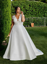 Chic A-line V-Neck Short Sleeves Sweep Train Lace Satin Wedding Dresses for Plus Size-Dbrbridal
