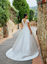 Chic A-line V-Neck Short Sleeves Sweep Train Lace Satin Wedding Dresses for Plus Size-Dbrbridal