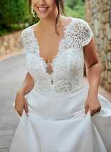 Chic A-line V-Neck Short Sleeves Sweep Train Lace Satin Wedding Dresses for Plus Size-Dbrbridal