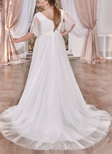 Chic A-line V-Neck Short Sleeves Sweep Train Lace Tulle Wedding Dresses-Dbrbridal