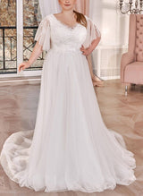 Chic A-line V-Neck Short Sleeves Sweep Train Lace Tulle Wedding Dresses-Dbrbridal