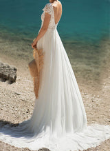Chic A-line V-Neck Short Sleeves Tulle Wedding Dresses Split Front-Dbrbridal