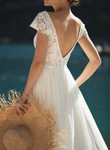 Chic A-line V-Neck Short Sleeves Tulle Wedding Dresses Split Front-Dbrbridal
