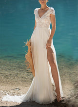 Chic A-line V-Neck Short Sleeves Tulle Wedding Dresses Split Front-Dbrbridal