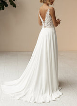 Chic A-line V-Neck Sleeveless Chiffon Lace Summer Beach Wedding Dress Split Front-Dbrbridal