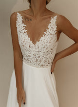 Chic A-line V-Neck Sleeveless Chiffon Lace Summer Beach Wedding Dress Split Front-Dbrbridal