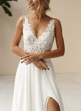 Chic A-line V-Neck Sleeveless Chiffon Lace Summer Beach Wedding Dress Split Front-Dbrbridal