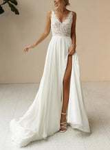 Chic A-line V-Neck Sleeveless Chiffon Lace Summer Beach Wedding Dress Split Front-Dbrbridal