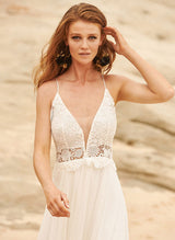 Chic A-line V-Neck Sleeveless Chiffon Lace Sweep Train Wedding Dresses Lace Split Front-Dbrbridal
