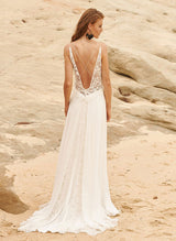 Chic A-line V-Neck Sleeveless Chiffon Lace Sweep Train Wedding Dresses Lace Split Front-Dbrbridal