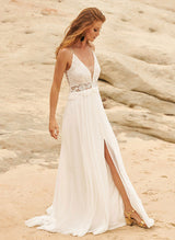 Chic A-line V-Neck Sleeveless Chiffon Lace Sweep Train Wedding Dresses Lace Split Front-Dbrbridal