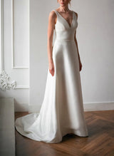 Chic A-line V-Neck Sleeveless Court Train Satin Wedding Dresses Featuring Bows-Dbrbridal