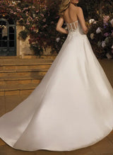 Chic A-line V-Neck Sleeveless Court Train Satin Wedding Dresses Lace-Dbrbridal