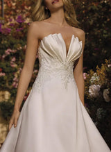 Chic A-line V-Neck Sleeveless Court Train Satin Wedding Dresses Lace-Dbrbridal
