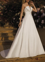 Chic A-line V-Neck Sleeveless Court Train Satin Wedding Dresses Lace-Dbrbridal