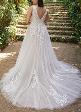 Chic A-line V-Neck Sleeveless Court Train Tulle Wedding Dresses Appliques Lace-Dbrbridal