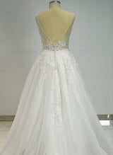 Chic A-line V Neck Sleeveless Floor-Length Tulle Wedding Dress Appliques Lace-Dbrbridal