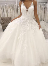 Chic A-line V Neck Sleeveless Floor-Length Tulle Wedding Dress Appliques Lace-Dbrbridal