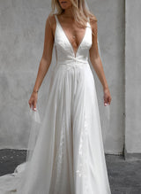 Chic A-line V-Neck Sleeveless Floor-Length Wedding Dresses Lace-Dbrbridal