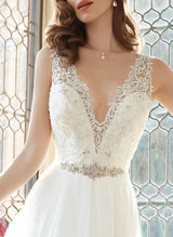 Chic A-line V-Neck Sleeveless Lace Court Train Wedding Dress Lace-Dbrbridal