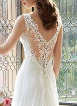 Chic A-line V-Neck Sleeveless Lace Court Train Wedding Dress Lace-Dbrbridal