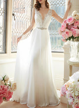 Chic A-line V-Neck Sleeveless Lace Court Train Wedding Dress Lace-Dbrbridal