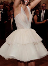 Chic A-line V-Neck Sleeveless Short Mini Tulle Wedding Dresses-Dbrbridal