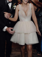 Chic A-line V-Neck Sleeveless Short Mini Tulle Wedding Dresses-Dbrbridal