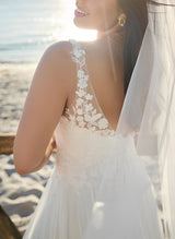 Chic A-line V-Neck Sleeveless Sweep Train Chiffon Lace Wedding Dresses-Dbrbridal