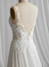 Chic A-line V-Neck Sleeveless Sweep Train Chiffon Lace Wedding Dresses-Dbrbridal