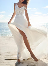 Chic A-line V-Neck Sleeveless Sweep Train Chiffon Lace Wedding Dresses-Dbrbridal