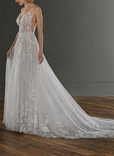 Chic A-line V-Neck Sleeveless Tulle Chapel Train Wedding Dress Appliques Lace-Dbrbridal