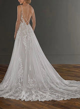 Chic A-line V-Neck Sleeveless Tulle Chapel Train Wedding Dress Appliques Lace-Dbrbridal