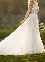 Chic A-line V-Neck Sleeveless Tulle Chapel Train Wedding Dress Appliques Lace-Dbrbridal