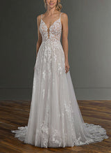 Chic A-line V-Neck Sleeveless Tulle Chapel Train Wedding Dress Appliques Lace-Dbrbridal