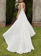 Chic A-line V-Neck Sweep Train Chiffon Wedding Dress Split Front-Dbrbridal