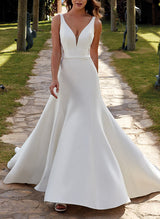 Chic A-line V-Neck Sweep Train Satin Wedding Dress Lace-Dbrbridal
