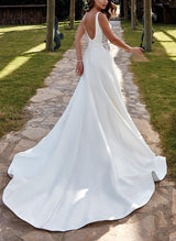 Chic A-line V-Neck Sweep Train Satin Wedding Dress Lace-Dbrbridal
