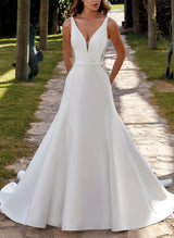 Chic A-line V-Neck Sweep Train Satin Wedding Dress Lace-Dbrbridal