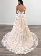 Chic A-line V-Neck Sweep Train Tulle Bridal Gown-Dbrbridal