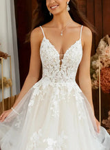 Chic A-line V-Neck Sweep Train Tulle Wedding Dress Appliques Lace-Dbrbridal