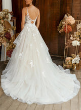 Chic A-line V-Neck Sweep Train Tulle Wedding Dress Appliques Lace-Dbrbridal
