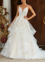 Chic A-line V-Neck Sweep Train Tulle Wedding Dress Appliques Lace-Dbrbridal