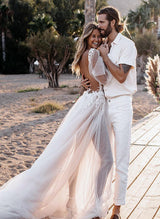 Chic A-line V-Neck Sweep Train Tulle Wedding Dress Lace-Dbrbridal