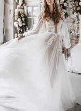 Chic A-line V-Neck Sweep Train Tulle Wedding Dress Lace-Dbrbridal